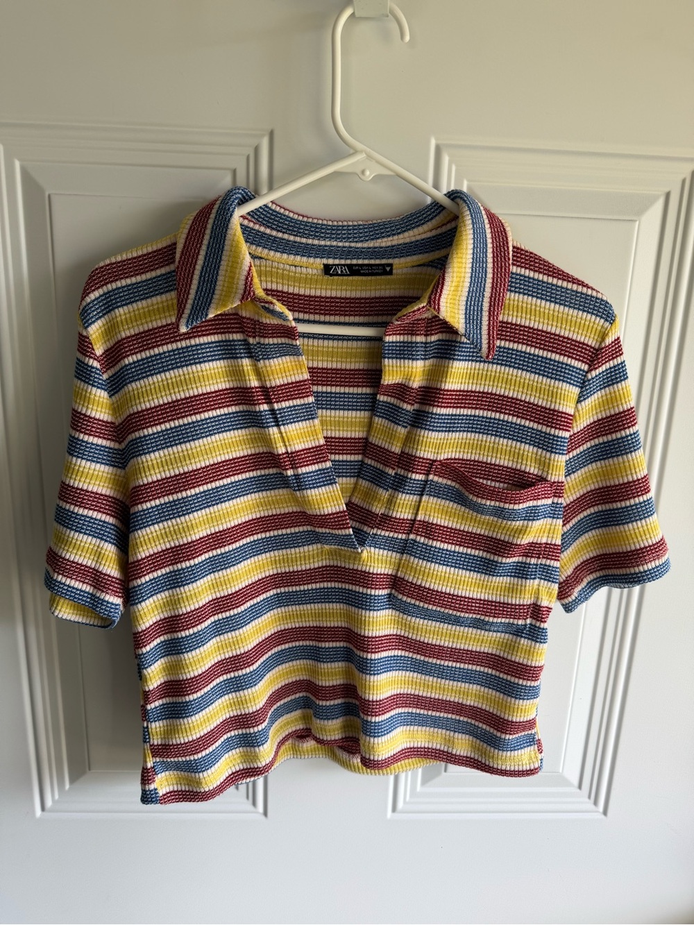 Zara Striped Ribbed Polo Top — Blue, Yellow, Red